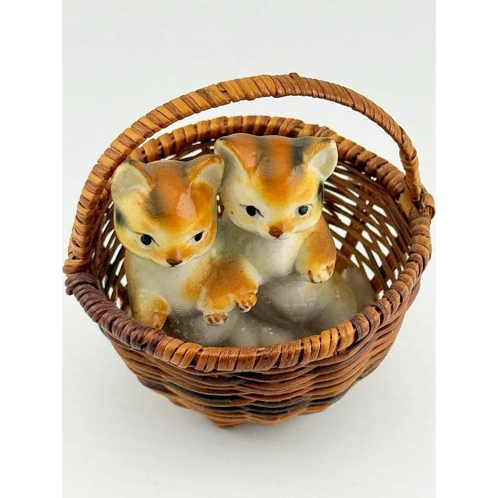 Vintage Bone China Japan Kittens In Rattan Woven Basket. Decorative Piece